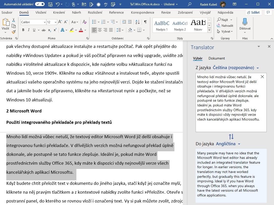 Jak přeložit stránku ve Wordu?