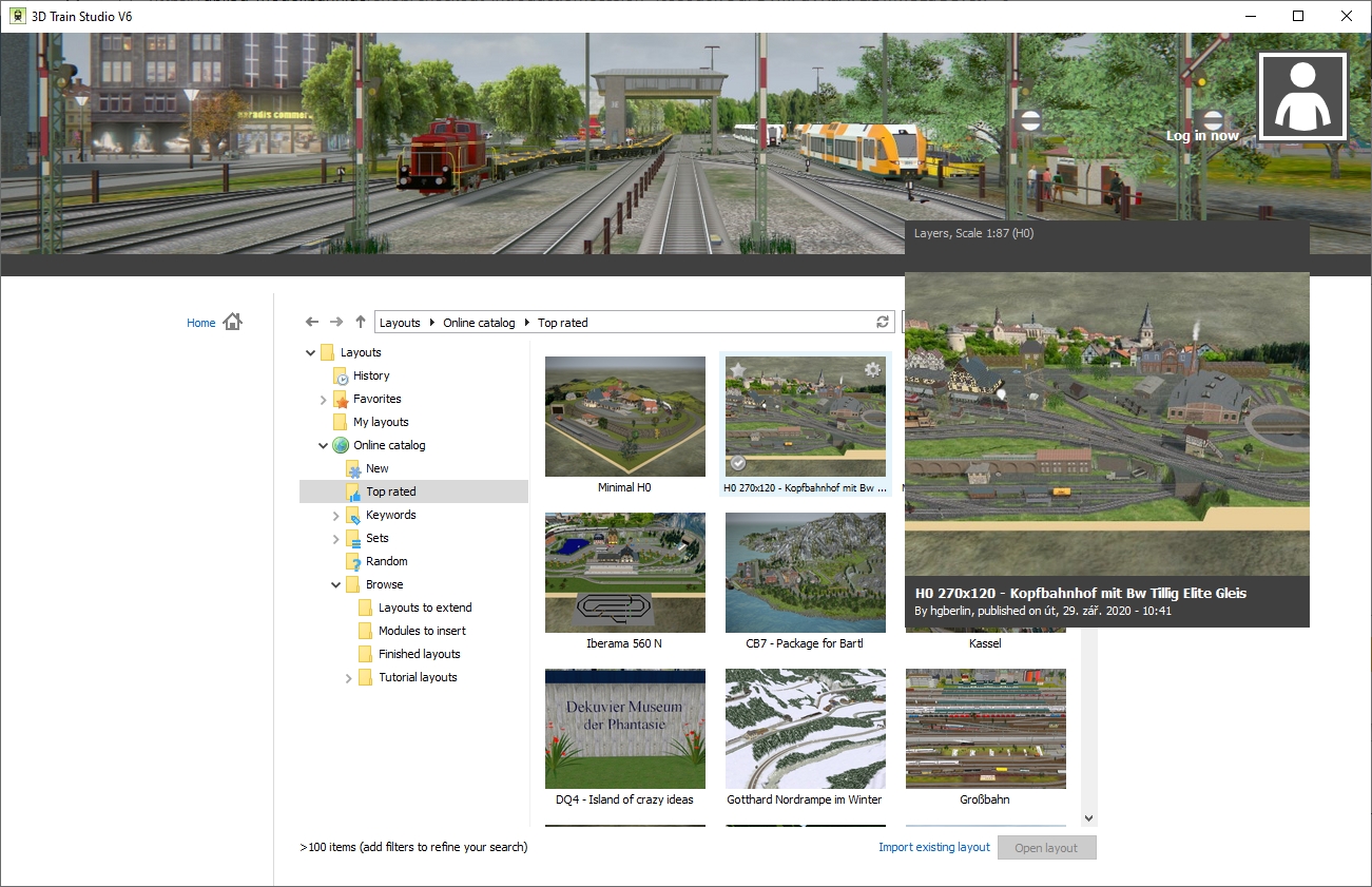 Volba „Online catalog“ směřuje na rozsáhlý katalog hotových kolejišť, roztříděných podle klíčových slov, témat nebo hodnocení. Zároveň zde najdete obrovský výběr modulů, které můžete použít ke své vlastní tvorbě, stejně jako návody, jak postupovat při sestavování kolejiště. | Zdroj: 3D Train Studio V6 Standard
