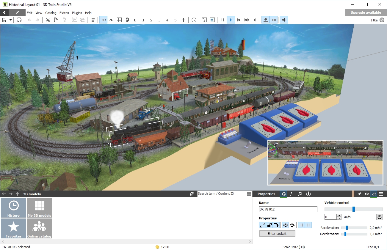 Nejjednodušším způsobem, jak začít, je použít některý z existujících projektů a dále si jej upravit. Kromě celkového pohledu na kolejiště nabízí 3D Train Studio také schéma jednotlivých prvků, stejně jako třeba výhled z kabiny strojvůdce a samozřejmě animaci pohybu vlaků. | Zdroj: 3D Train Studio V6 Standard