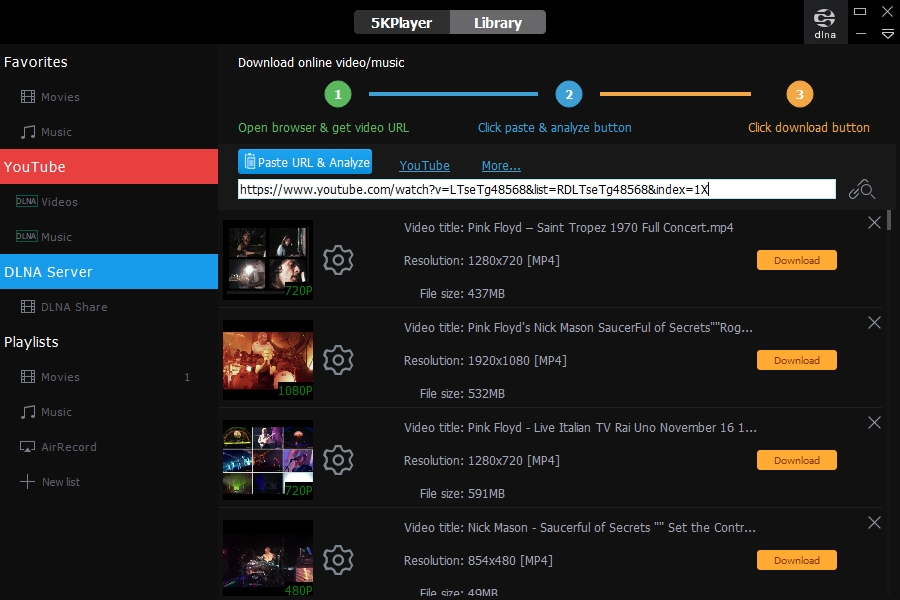 Pro stažení videa z YouTube nebo některého z dalších podporovaných videoserverů stačí jen do programu 5KPlayer vložit odkaz na příslušnou stránku s videem. 5KPlayer odkaz analyzuje a nabídne stažení videa ve zvoleném rozlišení a kvalitě. Také je možné stáhnout pouze zvukovou stopu videa. | Zdroj: 5KPlayer