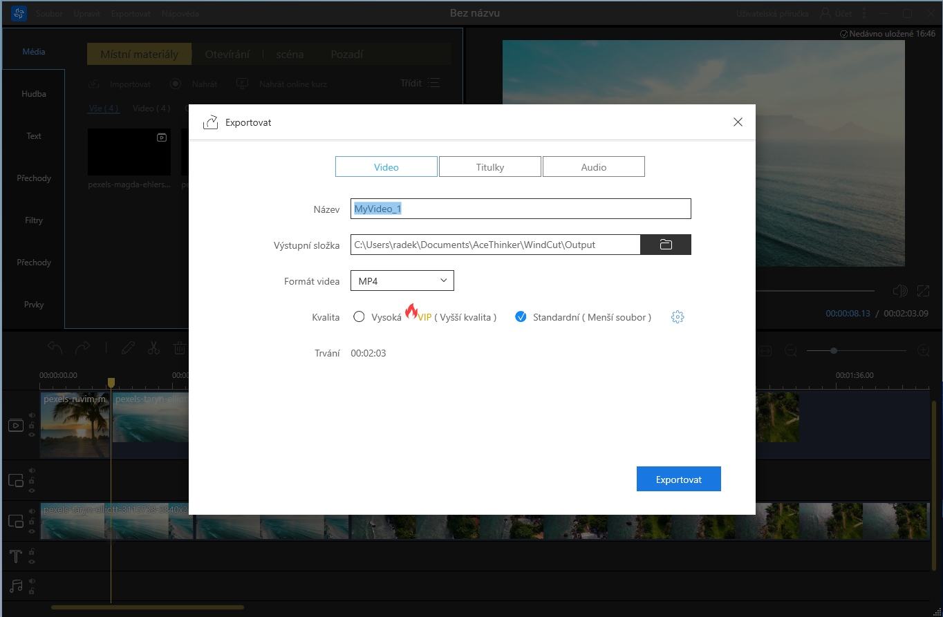 Při exportu videa se můžete rozhodnout o výběru formátu, rozlišení, použitého kodeku, datového toku nebo snímkové frekvence. Do samostatných souborů je možné uložit i titulky vložené do videa, stejně jako zvukovou stopu exportovaného filmu. | Zdroj: AceThinker Wind Cut