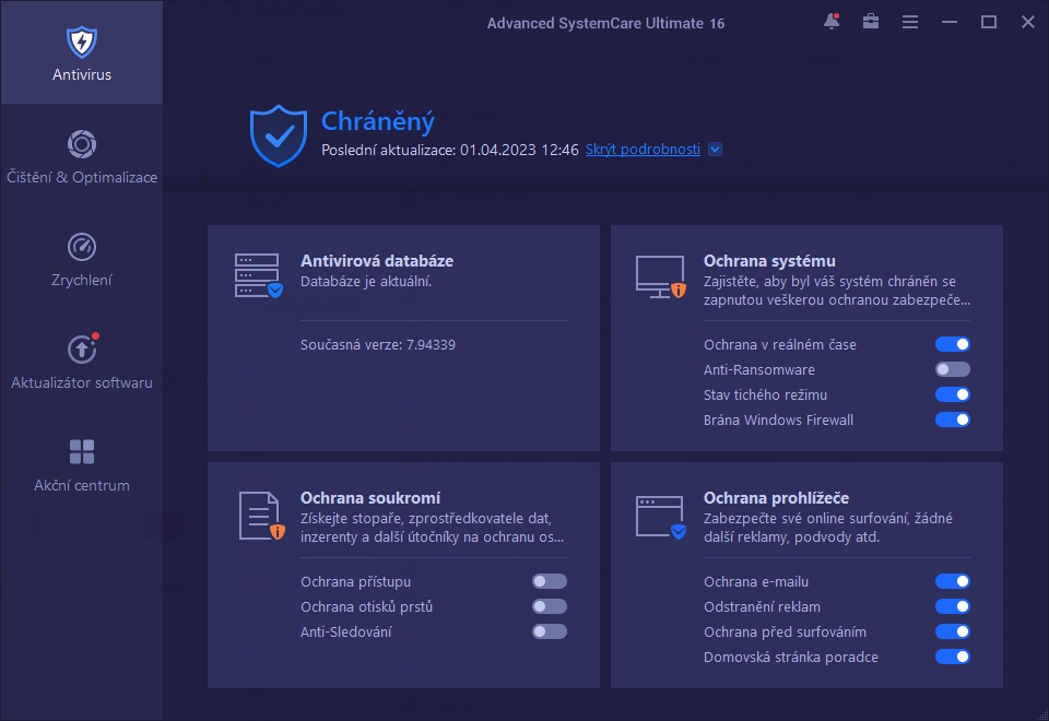Po instalaci programu Advanced SystemCare si ze všeho nejdříve zkontrolujte aktivitu všech komponent na zabezpečení počítače. Standardně není aktivována ochrana před ransomwarem ani funkce na ochranu citlivých dat na disku počítače. | Zdroj: Advanced SystemCare 16 Ultimate