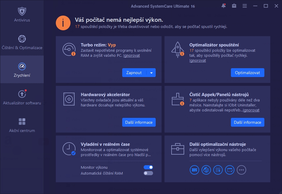 Aplikace Advanced SystemCare nezapomíná ani na svoje kořeny, spočívající ve funkcích na čištění a optimalizaci nastavení počítače. Advanced SystemCare je v této oblasti špičkou a nabídne vám desítky různých nástrojů ve dvou různých nabídkách. | Zdroj: Advanced SystemCare 16 Ultimate