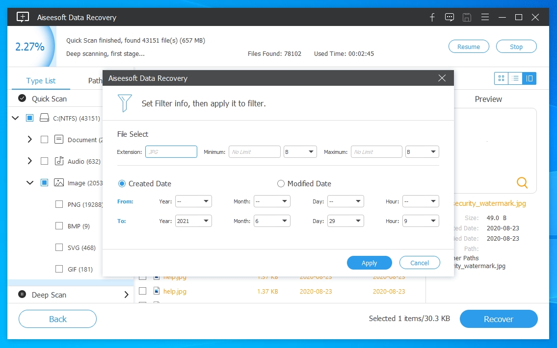 Tlačítkem Deep Scan v okně programu Aiseesoft Data Recovery s přehledem výsledků kontroly disku spustíte důkladnější postup skenování dat, který může u velkých disků trvat i několik desítek minut. Výsledky také můžete filtrovat podle různých kritérií. | Zdroj: IObit Malware Fighter 8 Pro