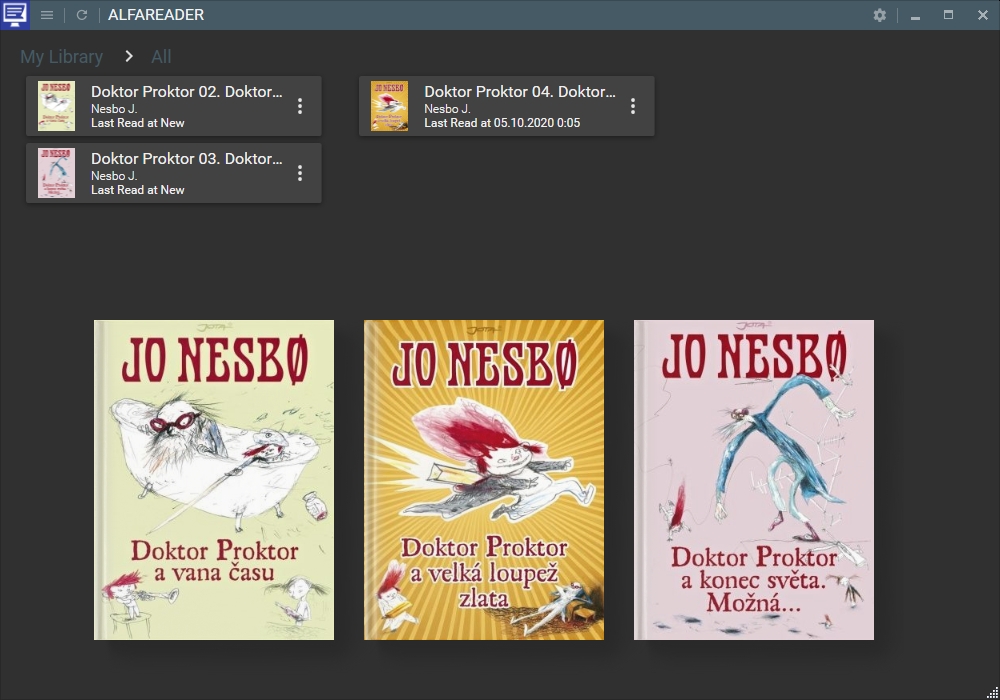Výchozí pohled na knihovnu aplikace AlfaReader může zobrazovat knižní tituly podle jejich názvu, řazené dle autora nebo vám nabídnout naposledy přidané e-knihy. Nové e-knihy stačí pouze jendoduše přetáhnout myší do okna aplikace AlfaReader. | Zdroj: AlfaReader