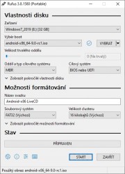 Nastavení programu Rufus. Stačí zvolit vložený USB klíč, vybrat ISO a automatika se v tomto případě postará o vše ostatní. K dispozici je možné přidat trvalý oddíl, který poté slouží k ukládání dat, pokud spouštíte Android-x86 v Live CD módu.