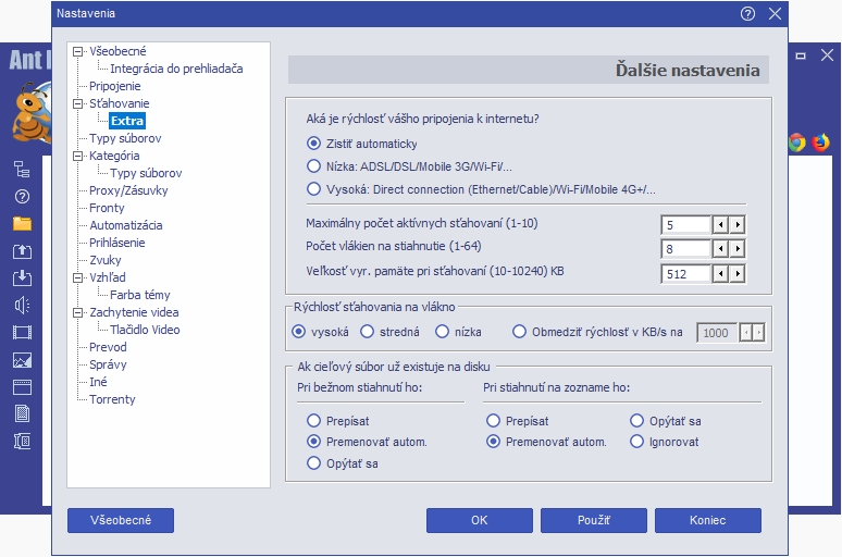 Program Ant Download Manager má obrovské množství různých nastavení, kterým se ale nemusíte nutně probírat. Abyste ale stahováním většího množství souborů úplně nezablokovali svoje internetové připojení, ohlídejte si maximální počet současných stahování a nejvyšší rychlost stahování na jedno vlákno. | Zdroj: Ant Download Manager Pro