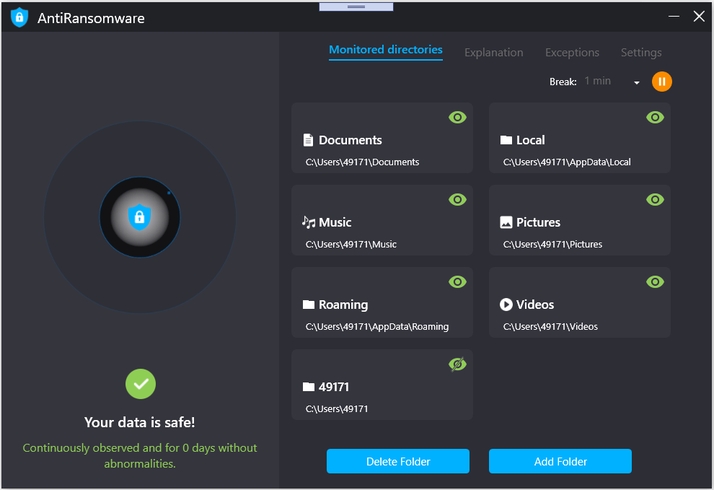 Ve výchozím nastavení chrání AntiRansomware standardní složky s dokumenty, fotkami, videi a hudbou ve Windows. Sami můžete zvolit další složky, o jejichž obsah se má program AntiRansomware postarat. Použijte k tomu tlačítko »Add Folder«. | Zdroj: AntiRansomware 2021