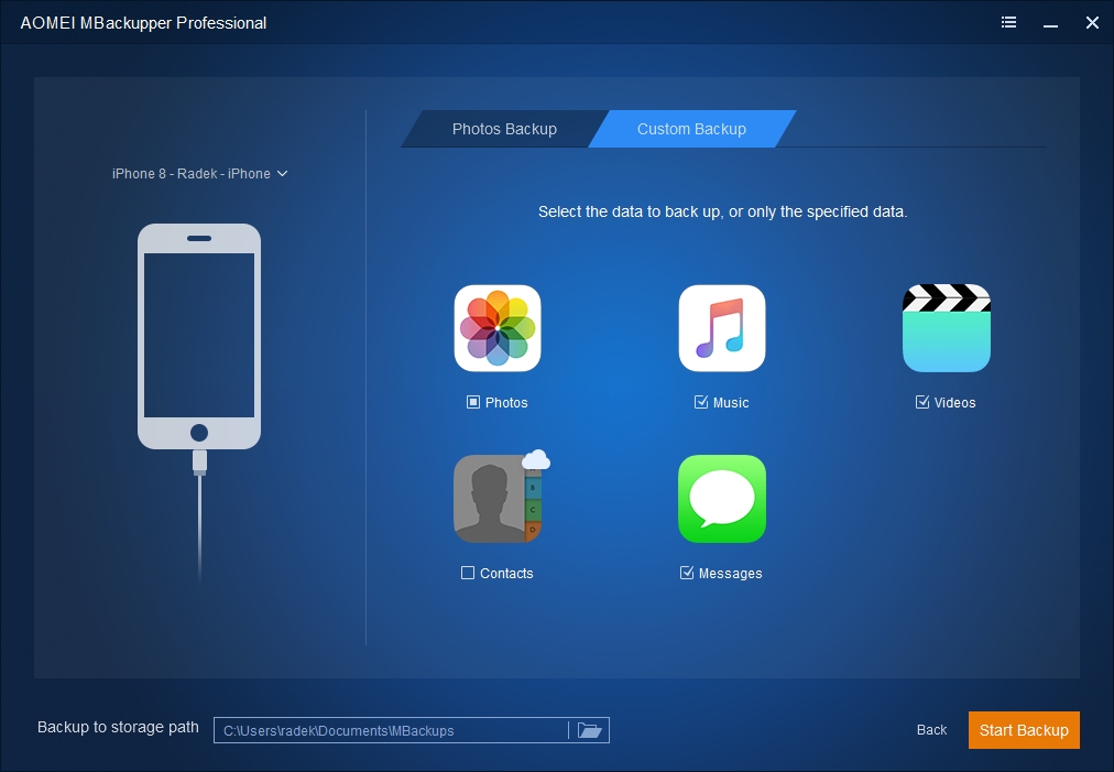 V případě klasického zálohování máte v aplikaci MBackupper na výběr ze zálohování fotek, hudebních souborů, videí, kontaktů a zpráv do zvolného umístění. Stejný obsah můžete kdykoli později do paměti svého iPhonu zase z počítače nahrát zpět. | Zdroj: AOMEI MBackupper Pro