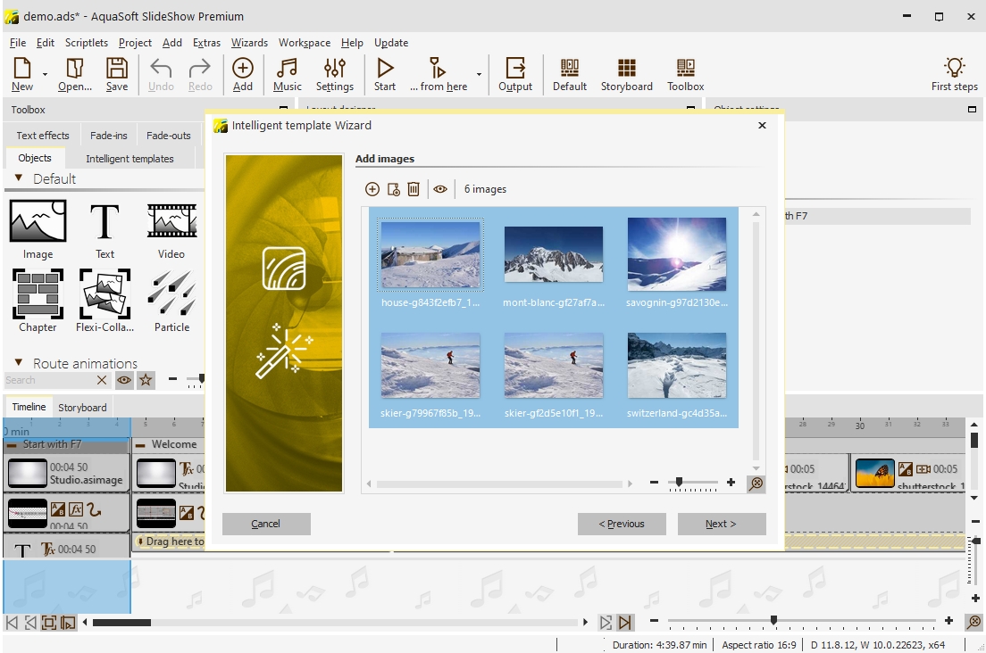 Pro usnadnění práce při vytváření nové prezentace můžete použít tzv. inteligentní šablony. Použijte volbu „New | Use Intelligent templates“, která otevře nové okno s průvodcem, který vám výrazně usnadní jednotlivé kroky vytvoření videoprezentace z vašich fotek. | Zdroj: AquaSoft SlideShow 11 Premium