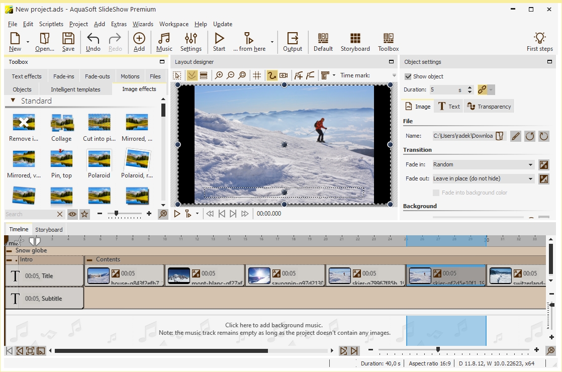 Styl práce v programu AquaSoft SlideShow se hodně podobá úpravám filmů ve videoeditorech. Takže zde máme několik stop, na které se vkládají použité snímky, efekty, titulky a také zvuky. Například efekty pak stačí jednoduše přetáhnout myší z karty „Image effects“ na konkrétní snímek. | Zdroj: AquaSoft SlideShow 11 Premium