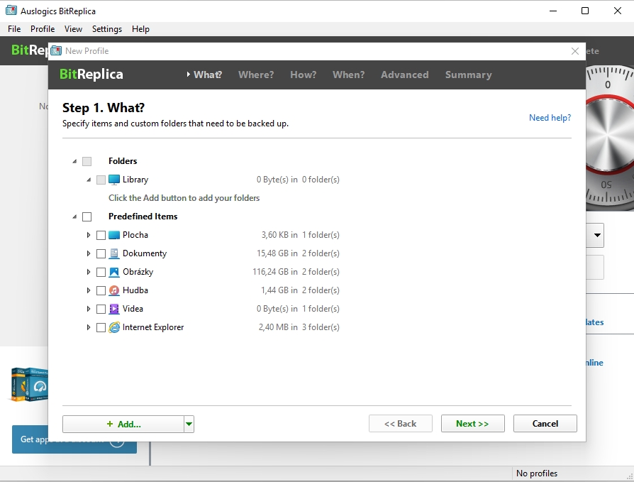 Program Auslogics BitReplica automaticky spustí průvodce nastavením zálohování, ve kterém si v prvním kroku zvolíte data, která si přejete zálohovat. Auslogics BitReplica vám přitom pomůže nabídkou základních systémových složek s dokumenty, fotkami nebo videem. Zvolit ale můžete i libovolné další složky. | Zdroj: SAuslogics BitReplica 2.4