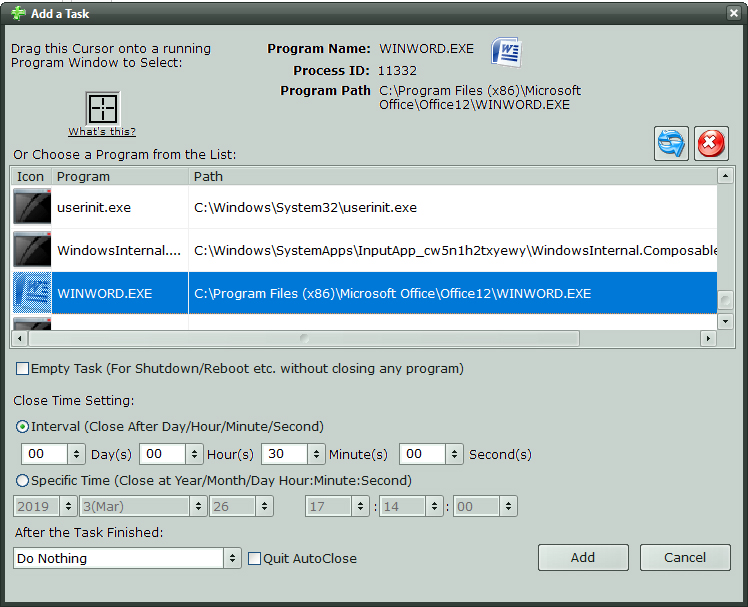 V okně »Add a Task« stačí ze seznamu běžících programů a procesů vybrat ten, který chcete po určité době vypnout, a poté zvolit konkrétní datum a čas vypnutí nebo nastavit časový interval, po jehož uplynutí má být vybraná aplikace ukončena. | Zdroj: AutoClose 3 Pro