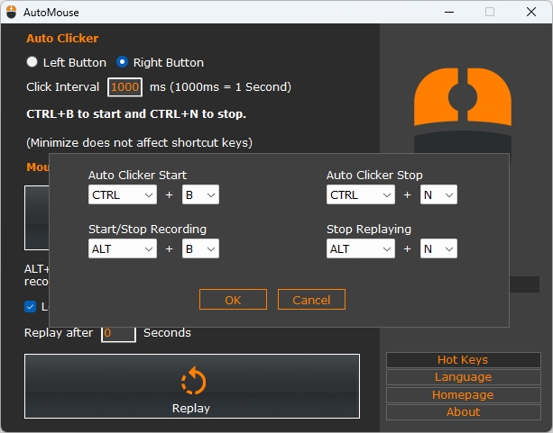 Po kliknutí na tlačítko „Hot Keys“ si můžete zvolit vlastní klávesové zkratky na ovládání všech funkcí programu AutoMouse. Šikovné je, že když necháte označenou předvolbu „Hint Window“, bude se v malém okně na ploše vždy zobrazovat klávesová zkratka k ukončení aktuální akce. | Zdroj: AutoMouse Pro
