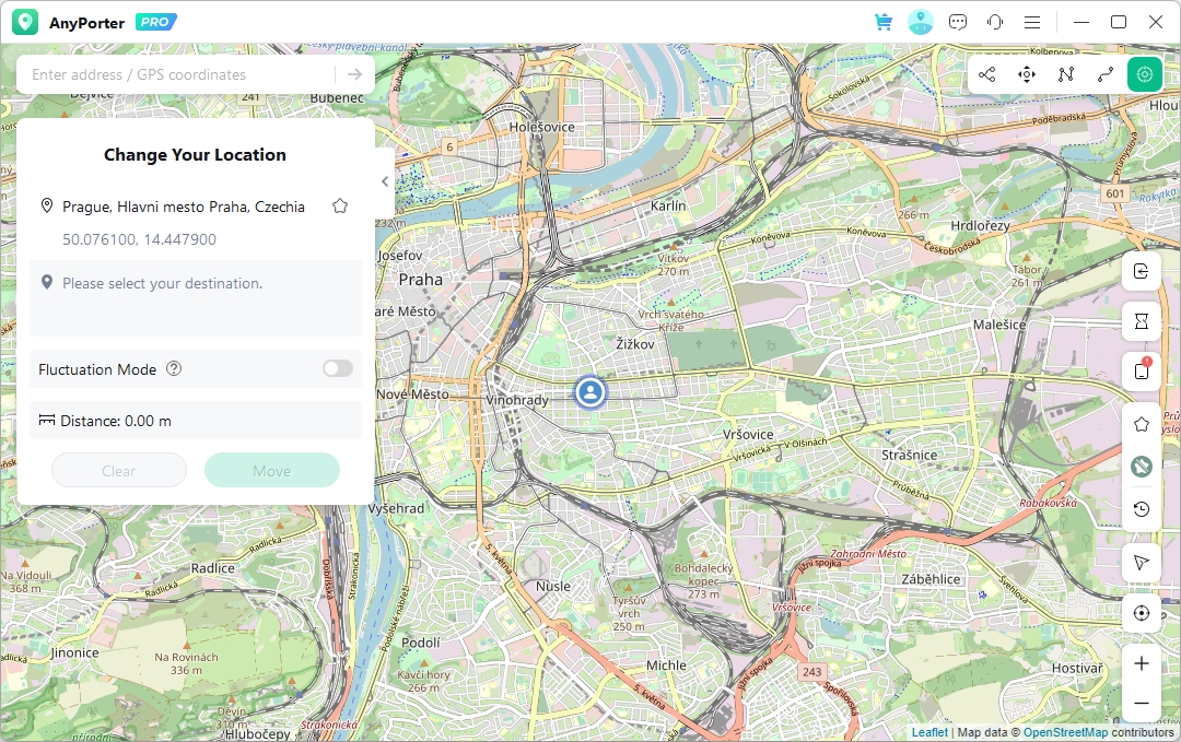 Po úspěšném připojení iPhonu či iPadu uvidíte na mapě znázorněnou vaši skutečnou aktuální polohu. Tu ale můžete snadno změnit výběrem jiného místa na mapě nebo zadáním konkrétní adresy či souřadnic GPS. | Zdroj: AWZ AnyPorter 3