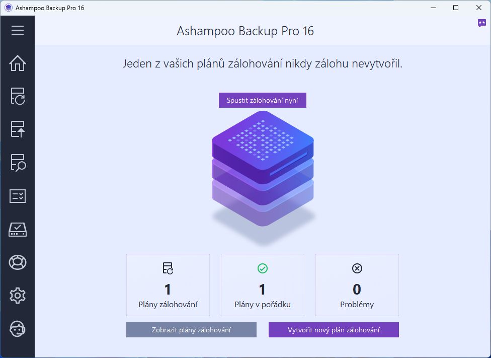 Výchozí obrazovka programu Ashampoo Backup nabízí přehled všech nastavených úloh zálohování, společně s výsledky nebo problémy posledního cyklu zálohování. Můžete zde rovnou spustit zálohování, nebo vytvořit nový plán pravidelné zálohy. | Zdroj: Backup Pro 16