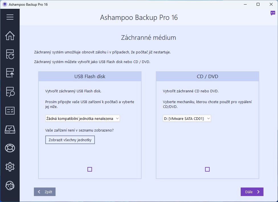 Kromě samotného zálohování s bohatými možnostmi nastavení nabízí Ashampoo Backup i několik dalších užitečných funkcí. Patří k nim především možnost vytvoření záchranného USB flash disku nebo CD/DVD ke spuštění havarovaného počítače a kontrola stavu pevných disků. | Zdroj: Backup Pro 16