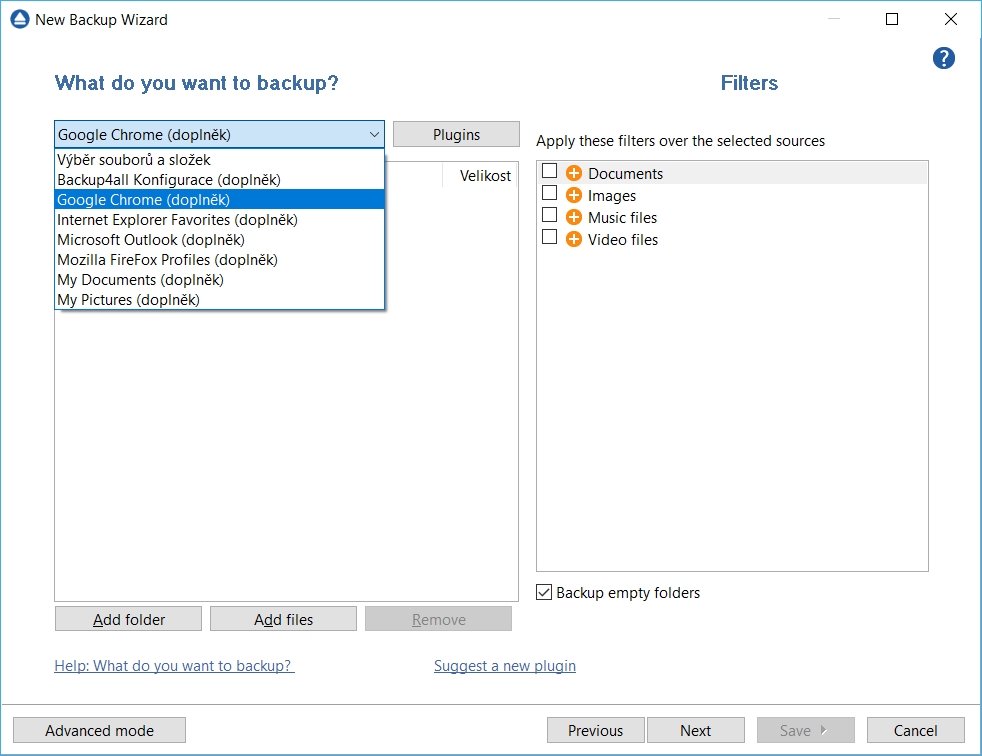 Pomocí tlačítek »Add folder« a »Add files« můžete přidávat adresáře a soubory. Kliknutím na rozbalovací nabídku v horní části okna programu se dostanete k výběru zálohování složky s dokumenty, obrázky, obsahu Outlooku či Thunderbirdu nebo nastavení a oblíbených položek Chromu, Firefoxu a Internet Exploreru. | Zdroj: Backup4all Lite 9