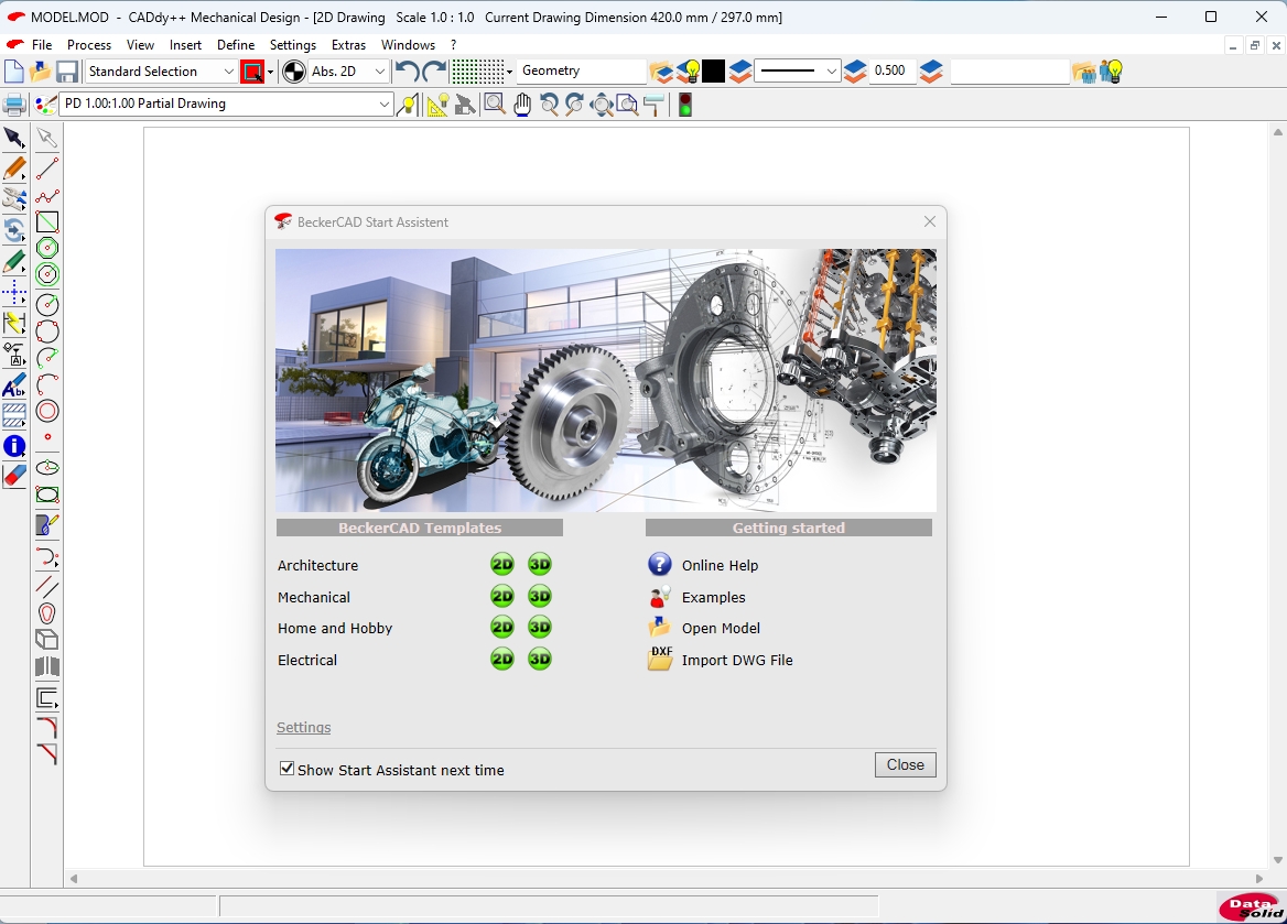 Program BeckerCAD 12 2D startuje s oknem průvodce, ve kterém si můžete zvolit šablony návrhů z oborů architektury, mechaniky, hobby nebo elektrotechniky. Vybírejte přitom vždy z nabídky „2D“, protože pro třídimenzionální modely nemá program BeckerCAD 12 2D potřebné funkce. | Zdroj: BeckerCAD 12 2D