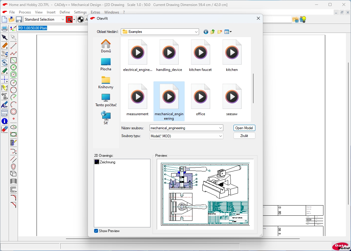Po nastavení formátu měřítek a použitých jednotek rozměrů se můžete pustit do vlastního navrhování nebo si pomocí nabídky „File | Open Model | Examples“ otevřít některý z připravených vzorových modelů z různých oborů. V podokně uvidíte náhled modelu, který pak otevřete tlačítkem Open Model. | Zdroj: BeckerCAD 12 2D