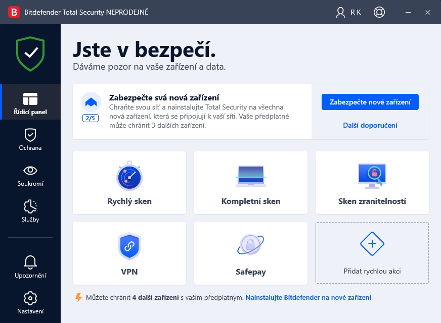 Díky automatickému režimu nemusíte v programu Bitdefender Total Security nic dalšího nastavovat, ani se o antivir nějak zvlášť starat. Zároveň si ale můžete sami zvolit provozní režim antiviru, podle svojí aktuální činnosti s počítačem. Samozřejmě je možné přímo z hlavního okna spouštět antivirové testy. | Zdroj: Bitdefender Total Security