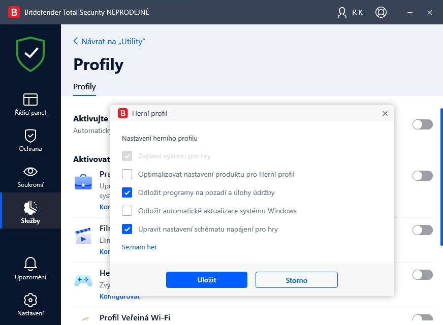 Uživatelské profily najdete v nabídce „Služby | Profily, a s jejich pomocí si můžete upravit chování antiviru podle činnosti, kterou právě s počítačem vykonáváte. Antivir může omezit své aktivity na pozadí, když hrajete hry a potřebujete maximální výkon, nebo třeba posílit ochranu e-mailu v pracovním profilu. | Zdroj: Bitdefender Total Security