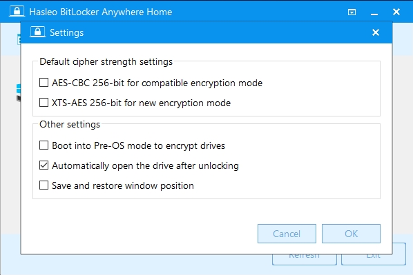 Ještě než se pustíte do šifrování disků s programem BitLocker Anywhere, přejděte do nabídky »Settings«, kterou najdete pod tlačítkem vpravo nahoře. Zde si především můžete zvolit silnější, 256bitové šifrování namísto výchozího, 128bitového zašifrování dat. | Zdroj: BitLocker Anywhere Pro 8