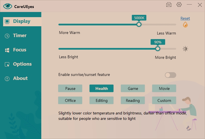 Program CareUEyes automaticky filtruje modré světlo, aby obrazovka vypadala příjemněji, a pomáhá předcházet únavě očí. K dispozici je mnoho vestavěných předvoleb, například film, vlastní, noc, kancelář, hry a čtení, které pomáhají upravit teplotu a jas obrazovky. | Zdroj: CareUEyes