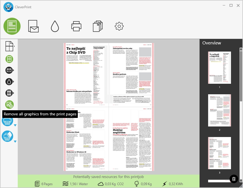 U dokumentů, kde není důležitá použitá grafika, fotky či obrázky, můžete ušetřit barevné náplně tiskárny pomocí předvolby »Remove Graphics«. Funkce odstraní všechny grafické prvky dokumentu a ponechá pouze text. | Zdroj: CleverPrint