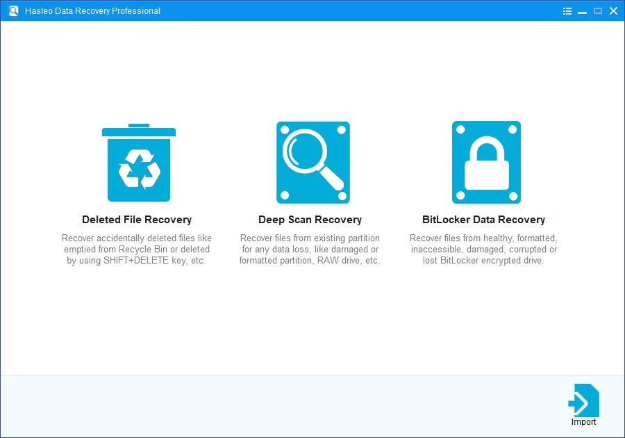 Program Hasleo Data Recovery má velmi jednoduché ovládání. Pro obnovu smazaných dat budete potřebovat jen funkce »Deleted File Recovery« a »Deep Scan Recovery«, lišící se důkladností vyhledávání ztracených souborů. funkce »BitLocker Data Recovery« je dostupná jen v nejvyšších verzích aplikace. | Zdroj: Data Recovery Pro 6