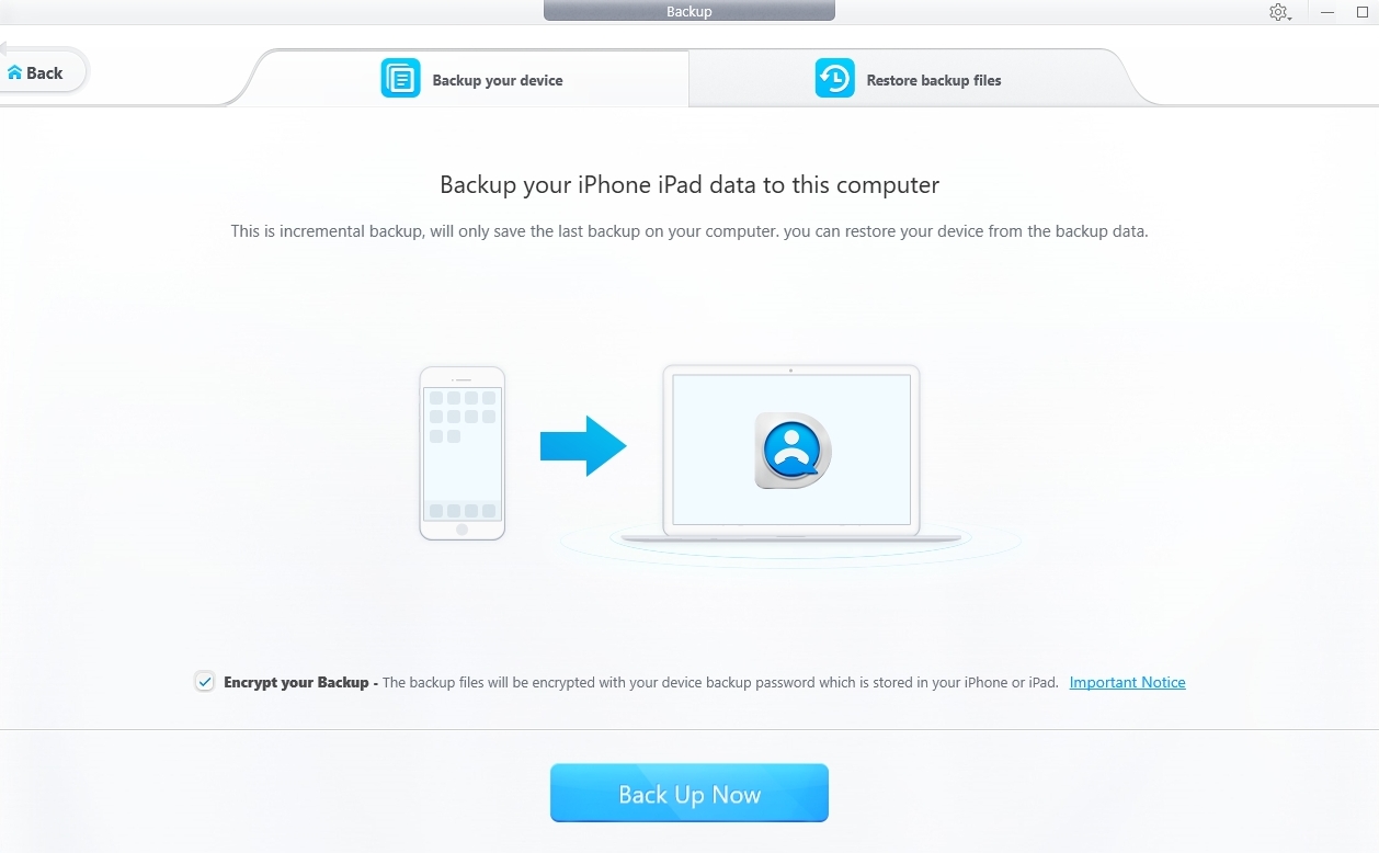 DearMob iPhone Manager umí rovněž do počítače zazálohovat kompletní obsah iPhonu či iPadu – včetně šifrování těchto záloh. Záložní data poslouží i v případě, když budete přecházet na nové zařízení a budete si chtít ušetřit čas s kompletní instalací a nastavováním nového iPhonu či iPadu. | Zdroj: DearMob iPhone Manager 6
