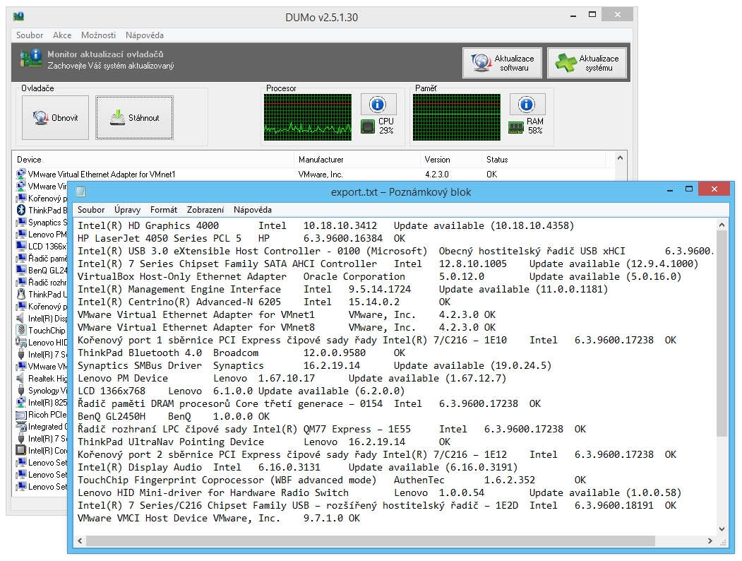 Pokud byste potřebovali, například pro servis nebo třeba reinstalaci počítače, kompletní seznam zařízení a instalovaných ovladačů ve vašem počítači, můžete využít funkci programu DUMo na export do formátu TXT nebo CSV. Najdete ji pod »Akce | Exportovat«. | Zdroj: DUMo PRO