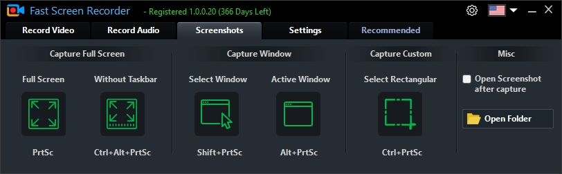 Kromě pořizování videozáznamů umí Fast Screen Recorder také snímat statické snímky obrazovky – celé pracovní plochy Windows nebo oken jednotlivých aplikací. Na kartě „Screenshots“ najdete různé možnosti pořízení snímků obrazovky, včetně příslušných klávesových zkratek. | Zdroj: Fast Screen Recorder
