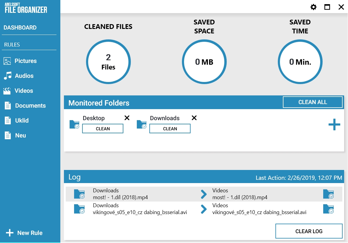 Pravidla třídění souborů se aplikují na složky, zařazené na seznamu »Monitored Folders«. Stačí jen kliknout na tlačítko »Clean all« v hlavním okně programu. Po každém třídění souborů doplní File Organizer statistiku, kolik souborů program zpracoval, jaký prostor na disku uvolnil a kolik vám ušetřil času. | Zdroj: File Organizer 2021