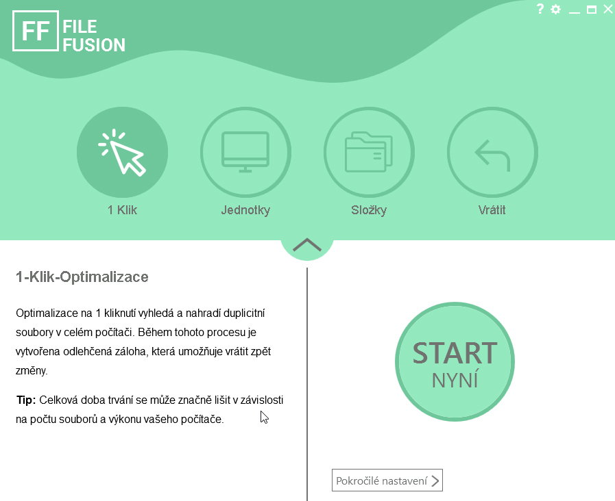 FileFusion má velmi jednoduché ovládání a do značné míry pracuje automaticky. Po spuštění programu použijte tlačítko »Start nyní« a nechejte FileFusion vyhledat duplicitní soubory. Doba potřebná pro kontrolu duplicit se bude lišit podle toho, kolik souborů bude FileFusion kontrolovat, a dle výkonu vašeho počítače. | Zdroj: FileFusion 2021