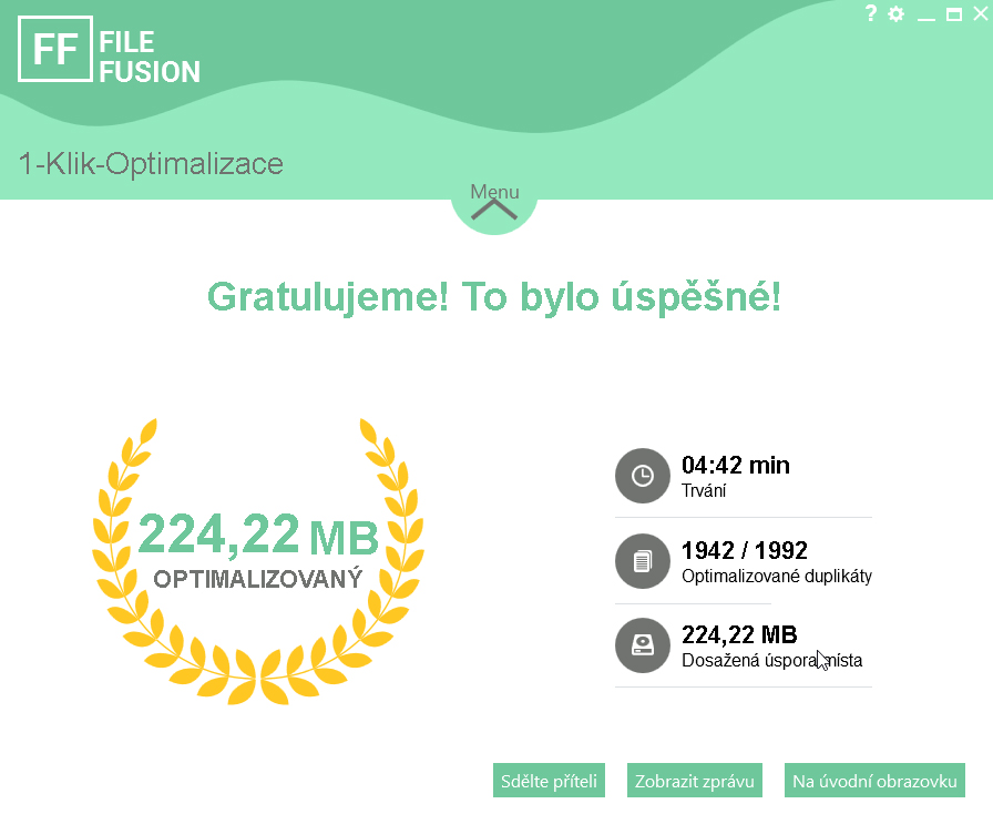 Stačí jen kliknout na tlačítko »Optimalizovat« a FileFusion se s duplicitními soubory vypořádá a zobrazí výsledek operace. Kromě celého disku počítače může FileFusion pracovat také s jednotlivými disky a diskovými oddíly nebo s konkrétními složkami. Příslušné funkce najdete v hlavní nabídce programu. | Zdroj: FileFusion 2021