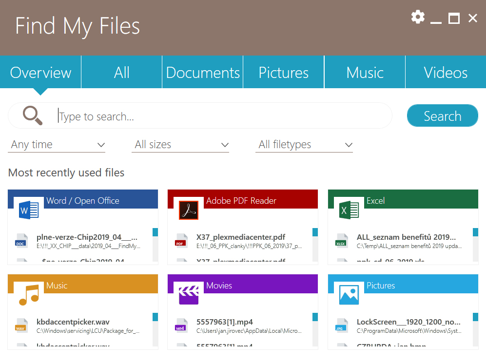Hlavní okno programu při každém spuštění zobrazí kartu »Overview«, ve které najdete seznamy nejčastěji používaných souborů roztříděných do šesti kategorií podle typu, resp. formátu dat – dokumenty Word / Open Office, PDF dokumenty, excelovské tabulky, hudba, videa a obrázky. | Zdroj: Find My Files