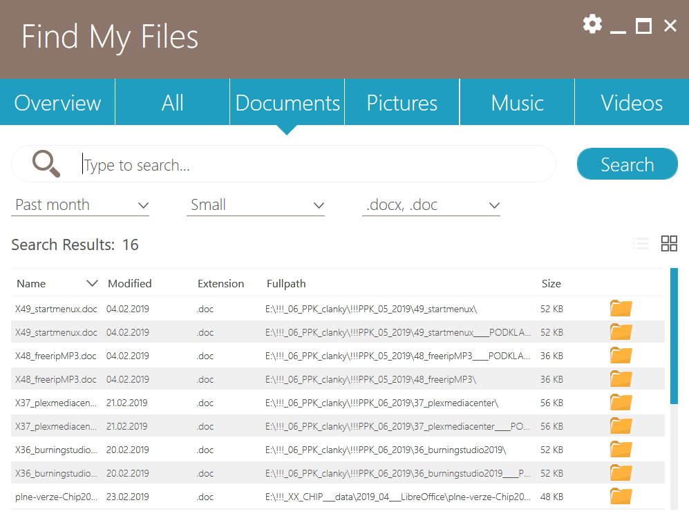 Výsledky vyhledávání můžete filtrovat podle data/času jejich poslední úpravy, velikosti souboru a formátu, resp. přípony souboru. Třídit je pak možno seznam s vyhledanými soubory podle jejich názvu, data/času jejich poslední úpravy, přípony, umístění na disku a jejich velikosti. | Zdroj: Find My Files