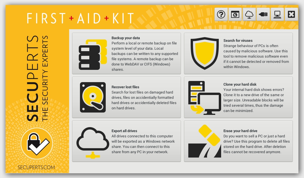 Po nabootování zobrazí First Aid Kit hlavní nabídku funkcí, kde se nacházejí nástroje na zálohování a obnovu dat, obnovu smazaných souborů, klonování obsahu pevných disků nebo třeba důkladná antivirová kontrola. Tlačítka vpravo nahoře pak spouštějí třeba webový prohlížeč nebo linuxovou pracovní plochu. | Zdroj: First Aid Kit