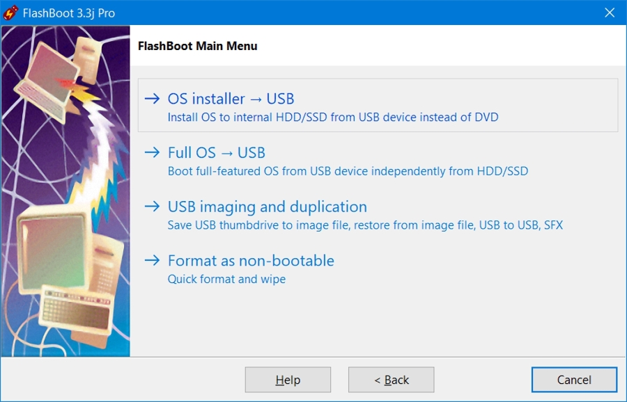 Abyste mohli začít používat funkce programu FlashBoot, musíte mít ke svému počítači připojen USB flash disk nebo externí pevný disk, se kterým bude aplikace následně pracovat. Hlavní funkce programu jsou ve výchozím okně rozděleny do čtyř okruhů. | Zdroj: FlashBoot Pro 3