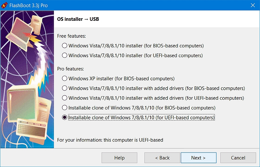 Obvyklým úkolem programu FlashBoot bude vytvoření bootovacího USB flash disku s instalačními daty operačního systému Windows. Za tímto účelem použijte funkci „OS installer → USB“ a v dalším kroku zvolte, kterou verzi Windows a jakým způsobem chcete instalovat. | Zdroj: FlashBoot Pro 3