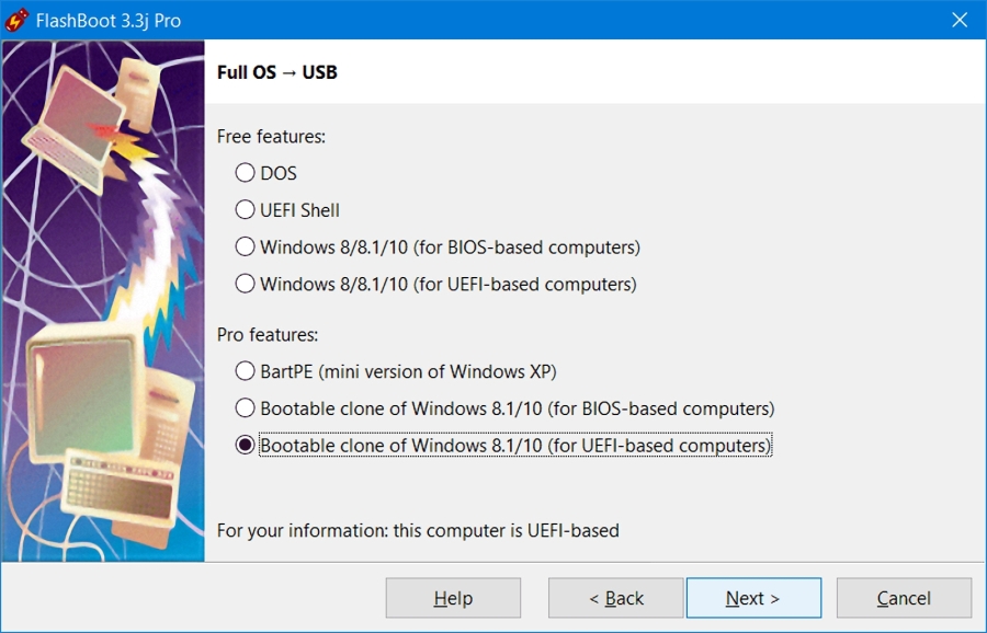 S funkcí „Full OS → USB“ můžete vytvořit bootovací klon vašeho počítače na USB flash disku, použitelný v jakémkoli jiném stroji, bez ohledu na jeho hardware a operační systém. Tato funkce je podporována jen pod operačními systémy 8(.1) a 10. | Zdroj: FlashBoot Pro 3
