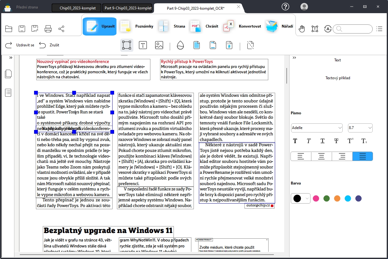 V nabídce „Nářadí“ najdete také funkci „Rozpoznávání textu“, která podporuje i češtinu a umí extrahovat i texty z PDF dokumentů pořízených prostřednictvím skeneru nebo fotoaparátu. OCR funguje v programu Geekersoft PDF Editor celkem spolehlivě a udržuje i základní formátování výchozího dokumentu. | Zdroj: GeekerPDF