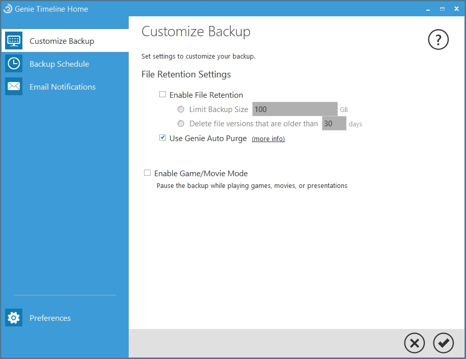 Program Genie Timeline obsahuje celou řadu užitečných nastavení, jejichž nabídku vyvoláte volbou »Tools | Settings«. Kromě nastavení limitu prostoru pro zálohy a maximálního stáří záložních dat zde můžete upravovat i interval zálohování nebo e-mailové notifikace. | Zdroj: Genie Timeline Home 10