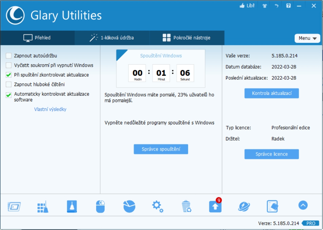 V hlavním okně Glary Utilities najdete ukazatel doby nutné ke spuštění Windows. Zkuste ji zkrátit pomocí funkcí pod tlačítkem „Správce spouštění“. V novém okně se zobrazí seznam všech aplikací a služeb, automaticky spouštěných se startem operačního systému. Využijte popisu a hodnocení jednotlivých položek k deaktivaci těch nepotřebných. | Zdroj: Glary Utilities Pro