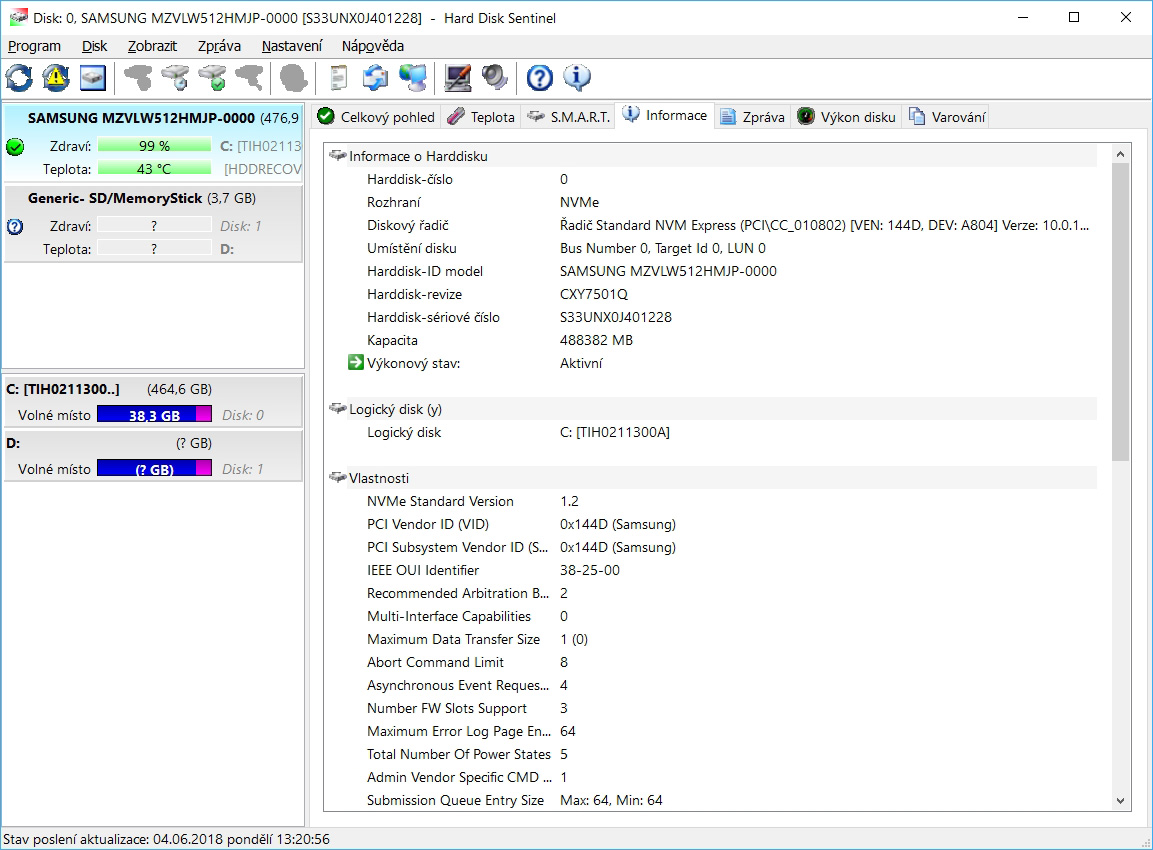 Záložka »Informace« skrývá velmi detailní diagnostiku hardwarových parametrů pevného disku, včetně přehledu podporovaných služeb a funkcí. Velmi snadno tak například zjistíte, k jakému rozhraní a jakou rychlosti je disk připojen a další důležité informace. | Zdroj: Hard Disk Sentinel 5.7