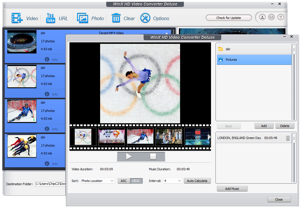 Speciální funkcí programu je možnost vytváření videoprezentací ze snímků. Parametry lze nastavit pro každý snímek zvlášť. Film můžete doplnit hudbou na pozadí. | Zdroj: HD Video Converter Deluxe
