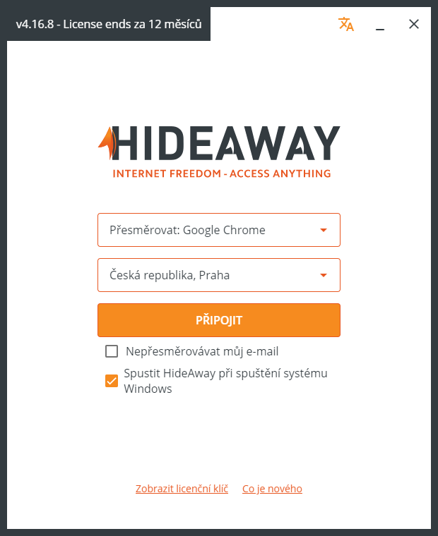 Po spuštění programu HideAway VPN se můžete rozhodnout, zdali bude šifrována a přes anonymní servery přesměrována veškerá internetová komunikace z vašeho počítače, nebo jen u vybrané aplikace. Je celkem rozumné zvolit použití HideAway VPN například jen pro webový prohlížeč. | Zdroj: HideAway VPN 4