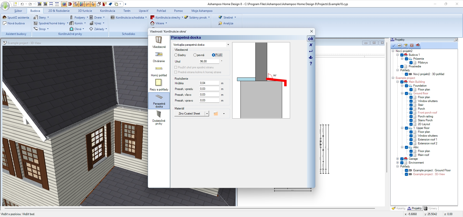 Ashampoo Home Design obsahuje rozsáhlou knihovnu exteriérových i interiérových prvků, které lze umístit do stavby a do nejmenších detailů nastavit. Například u oken lze určit nejen jejich rozměr a typ, ale také způsob otevírání, barvu rámu a dokonce i typ otevírací kličky a parapetu. | Zdroj: Home Design 8