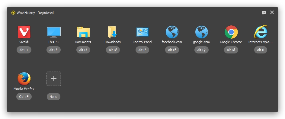 V aplikaci Wise Hotkey si můžete nastavit devět klávesových zkratek s klávesou [Alt] a dalších devět s klávesou [Ctrl]. Přednastavené klávesové zkratky lze změnit kliknutím na tlačítko se zkratkou a vložením nové kombinace kláves (vždy s [Alt] nebo [Ctrl]). Křížkem v pravém horním rohu se klávesová zkratka smaže a pozice se uvolní pro novou. | Zdroj: Hotkey 1.2.8